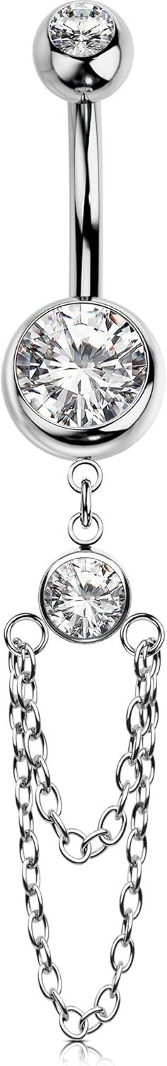 OUFER 316L Stainless Steel Belly Button Ring, 14G Chain Dangle with CZ Crystal Navel Belly Rings for Women, 10MM Navel Piercing Jewelry, Body Piercing Jewelry Barbells - 我的商店我的商店我的商店