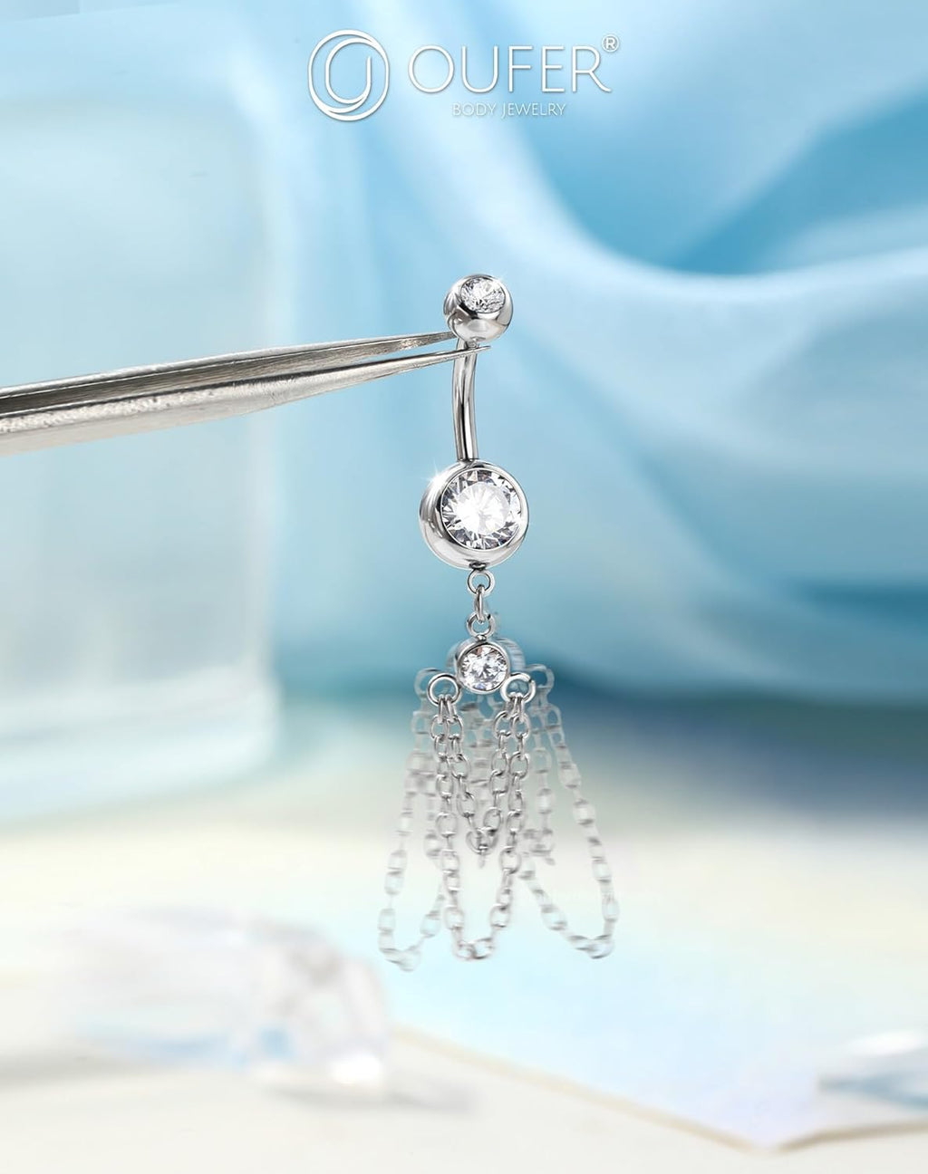 OUFER 316L Stainless Steel Belly Button Ring, 14G Chain Dangle with CZ Crystal Navel Belly Rings for Women, 10MM Navel Piercing Jewelry, Body Piercing Jewelry Barbells - 我的商店我的商店我的商店