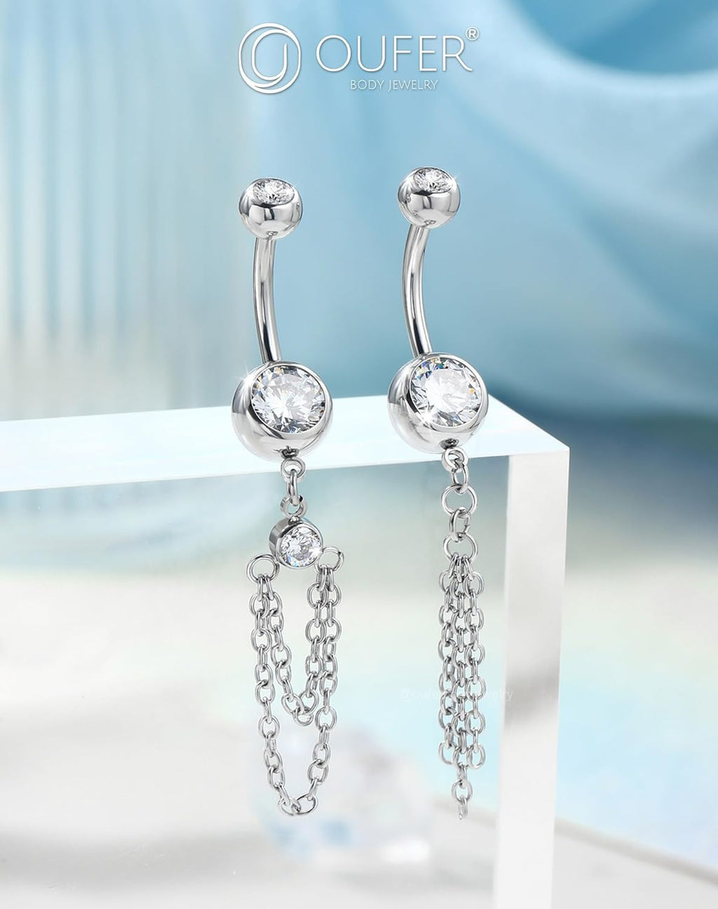 OUFER 316L Stainless Steel Belly Button Ring, 14G Chain Dangle with CZ Crystal Navel Belly Rings for Women, 10MM Navel Piercing Jewelry, Body Piercing Jewelry Barbells - 我的商店我的商店我的商店