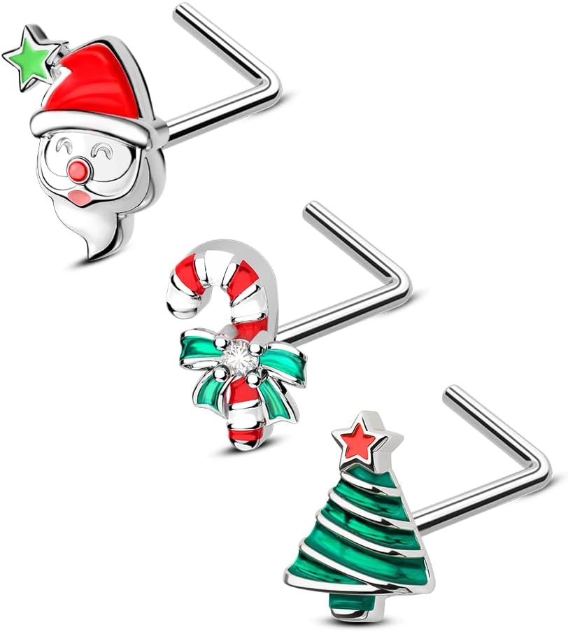 OUFER 3PCS 20G Halloween Nose Studs – L - Shaped 7MM Surgical Steel Piercing Jewelry with Spider, Bat, Ghost & Christmas Santa, Tree & Gift Christmas, Moon & Star Themes - 我的商店我的商店我的商店