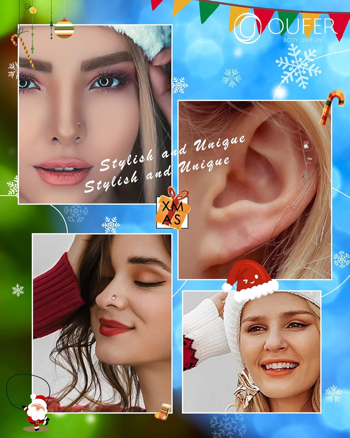 OUFER 3PCS 20G Halloween Nose Studs – L - Shaped 7MM Surgical Steel Piercing Jewelry with Spider, Bat, Ghost & Christmas Santa, Tree & Gift Christmas, Moon & Star Themes - 我的商店我的商店我的商店