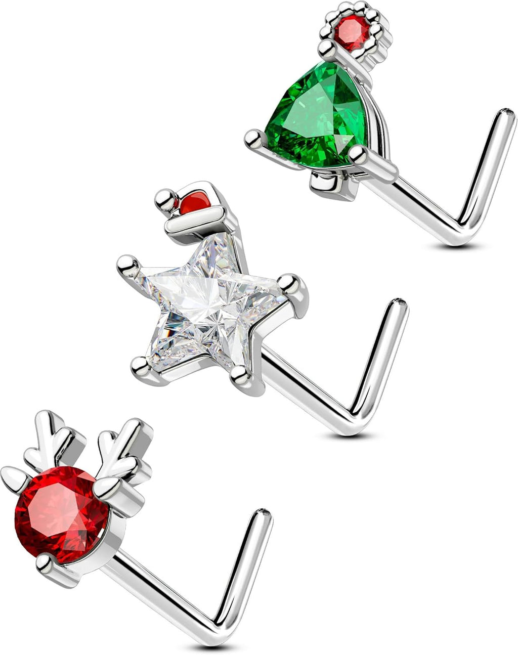 OUFER 3PCS 20G Halloween Nose Studs – L - Shaped 7MM Surgical Steel Piercing Jewelry with Spider, Bat, Ghost & Christmas Santa, Tree & Gift Christmas, Moon & Star Themes - 我的商店我的商店我的商店