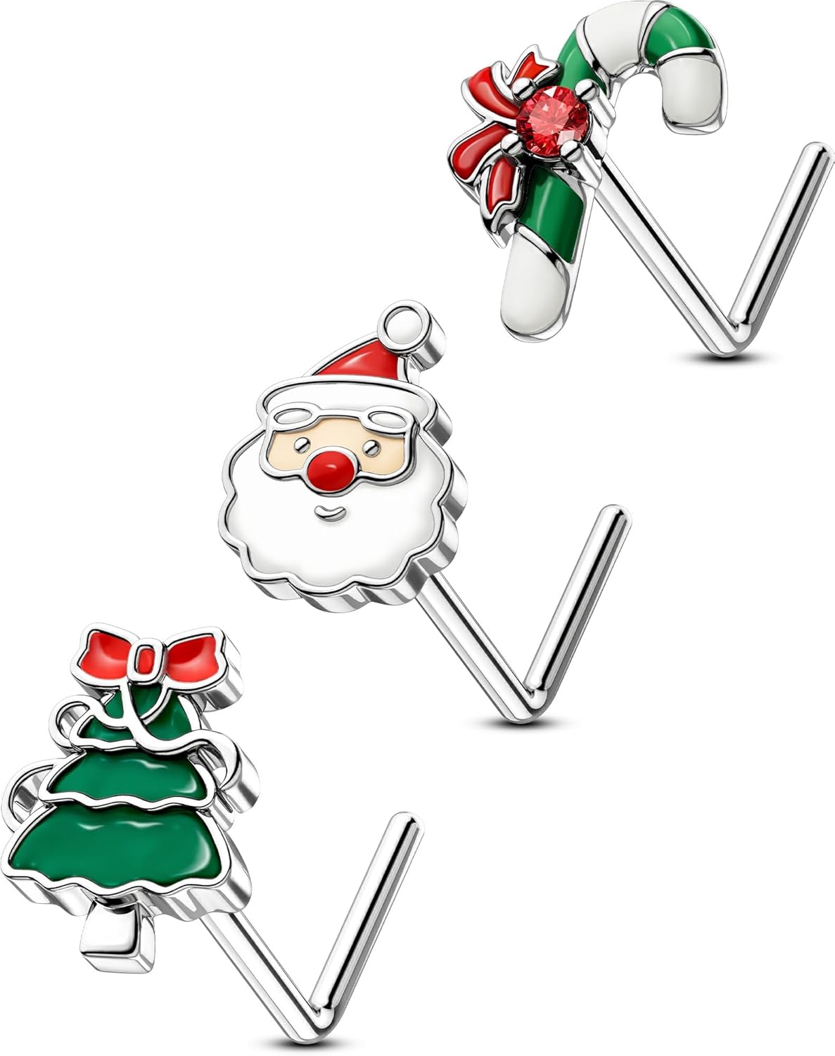OUFER 3PCS 20G Halloween Nose Studs – L - Shaped 7MM Surgical Steel Piercing Jewelry with Spider, Bat, Ghost & Christmas Santa, Tree & Gift Christmas, Moon & Star Themes - 我的商店我的商店我的商店