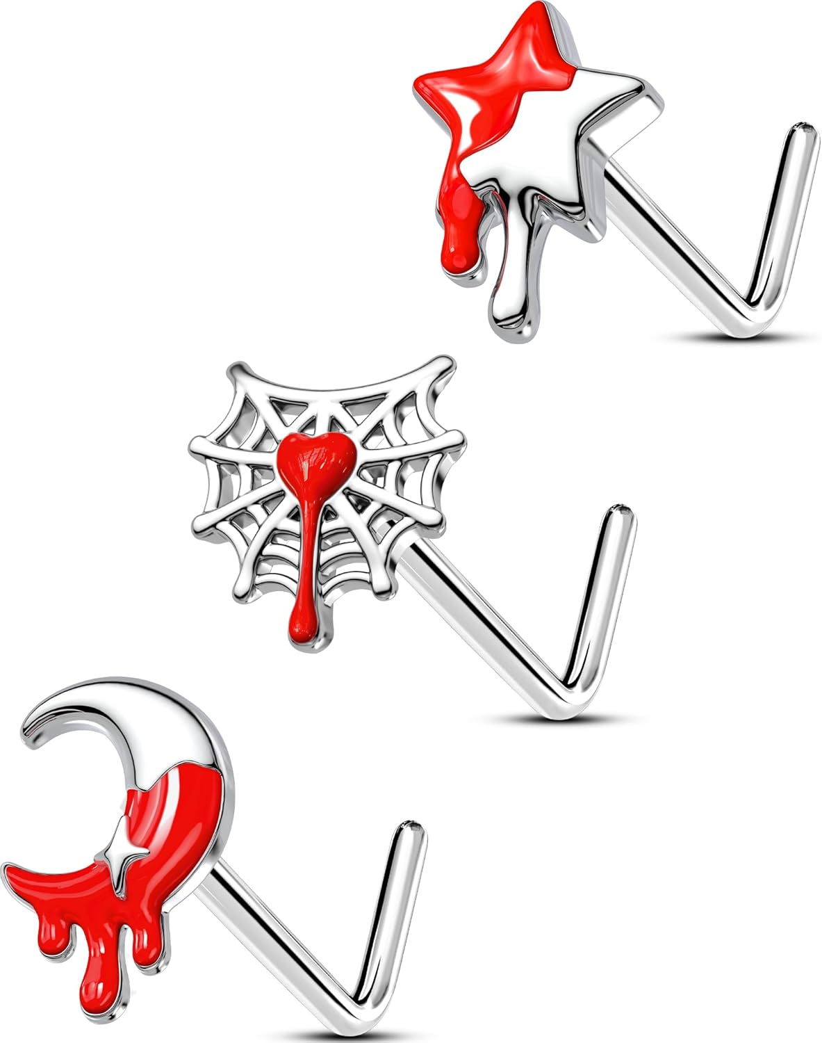OUFER 3PCS 20G Halloween Nose Studs – L - Shaped 7MM Surgical Steel Piercing Jewelry with Spider, Bat, Ghost & Christmas Santa, Tree & Gift Christmas, Moon & Star Themes - 我的商店我的商店我的商店
