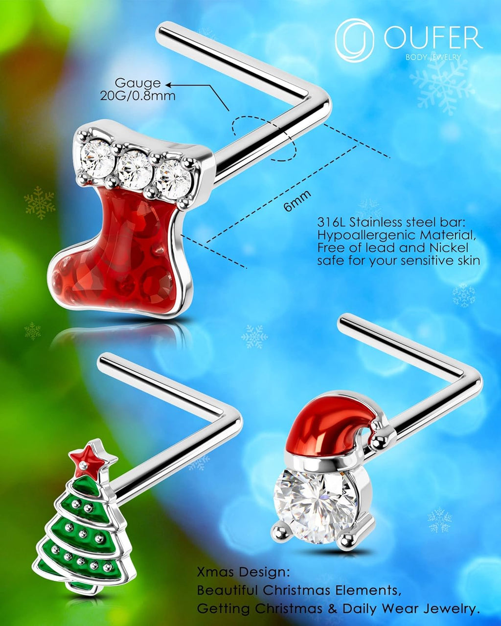 OUFER 3PCS 20G Halloween Nose Studs – L - Shaped 7MM Surgical Steel Piercing Jewelry with Spider, Bat, Ghost & Christmas Santa, Tree & Gift Christmas, Moon & Star Themes - 我的商店我的商店我的商店