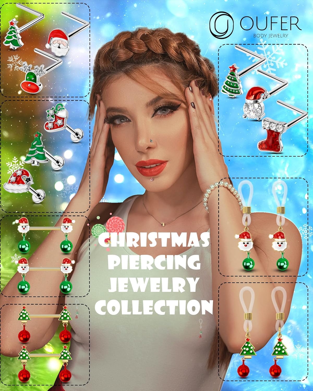 OUFER 3PCS 20G Halloween Nose Studs – L - Shaped 7MM Surgical Steel Piercing Jewelry with Spider, Bat, Ghost & Christmas Santa, Tree & Gift Christmas, Moon & Star Themes - 我的商店我的商店我的商店