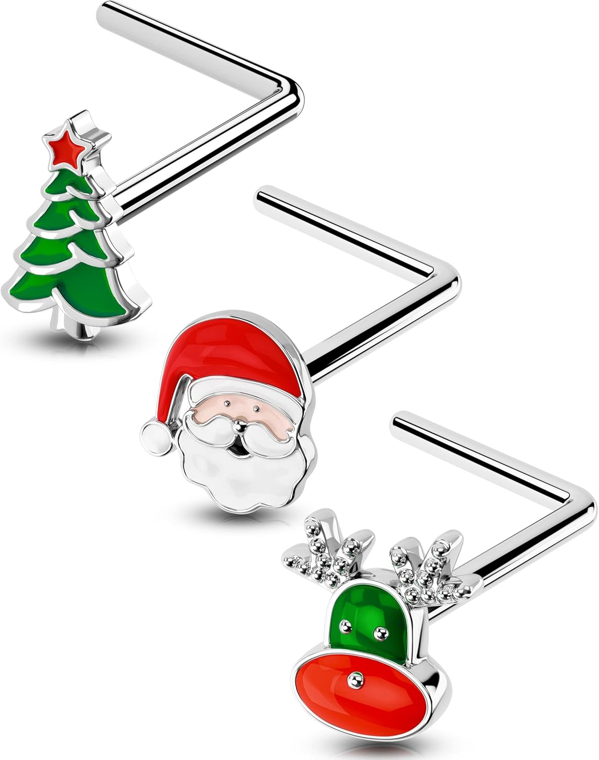 OUFER 3PCS 20G Halloween Nose Studs – L - Shaped 7MM Surgical Steel Piercing Jewelry with Spider, Bat, Ghost & Christmas Santa, Tree & Gift Christmas, Moon & Star Themes - 我的商店我的商店我的商店