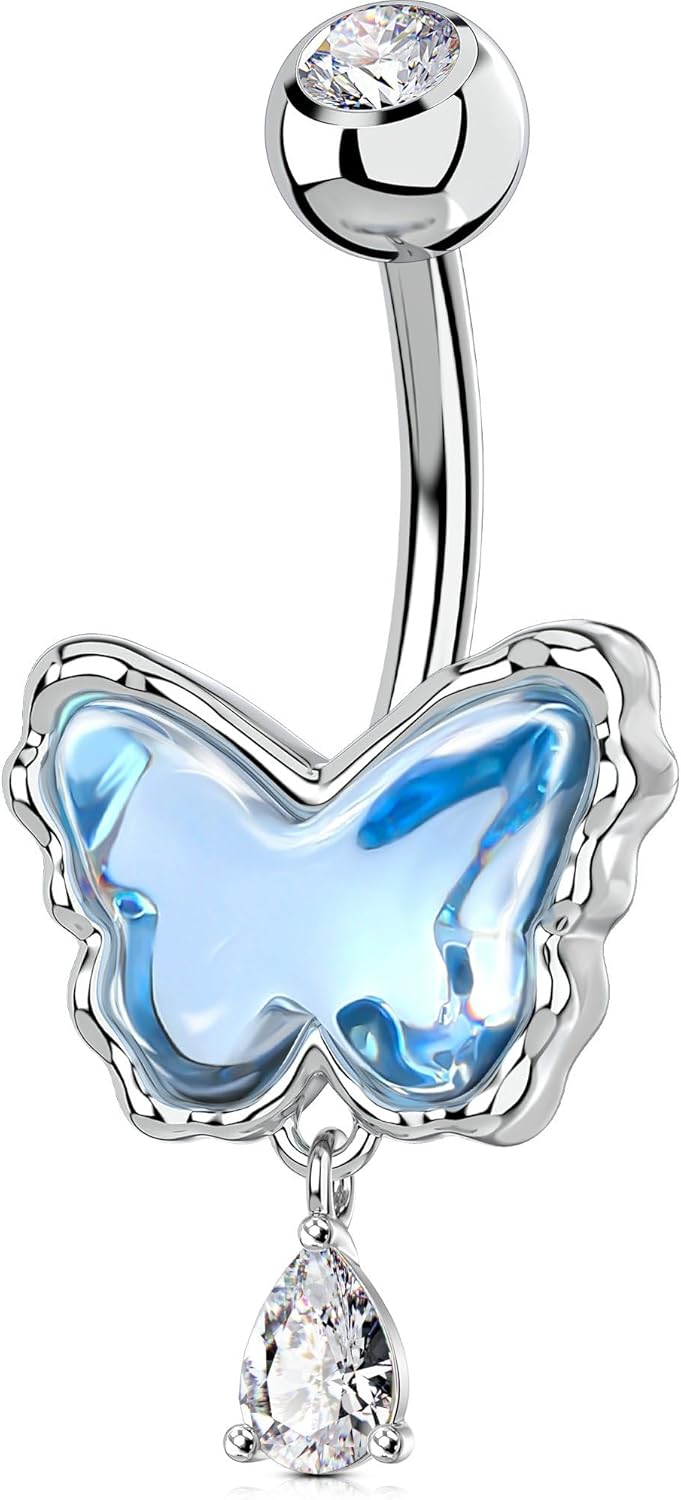 OUFER Belly Button Rings, 14G Butterfly Belly Rings, Pave Blue Crystal Stone Belly Piercing Jewelry, 316L Surgical Steel Navel Piercing Jewelry For Women Men - 我的商店我的商店我的商店