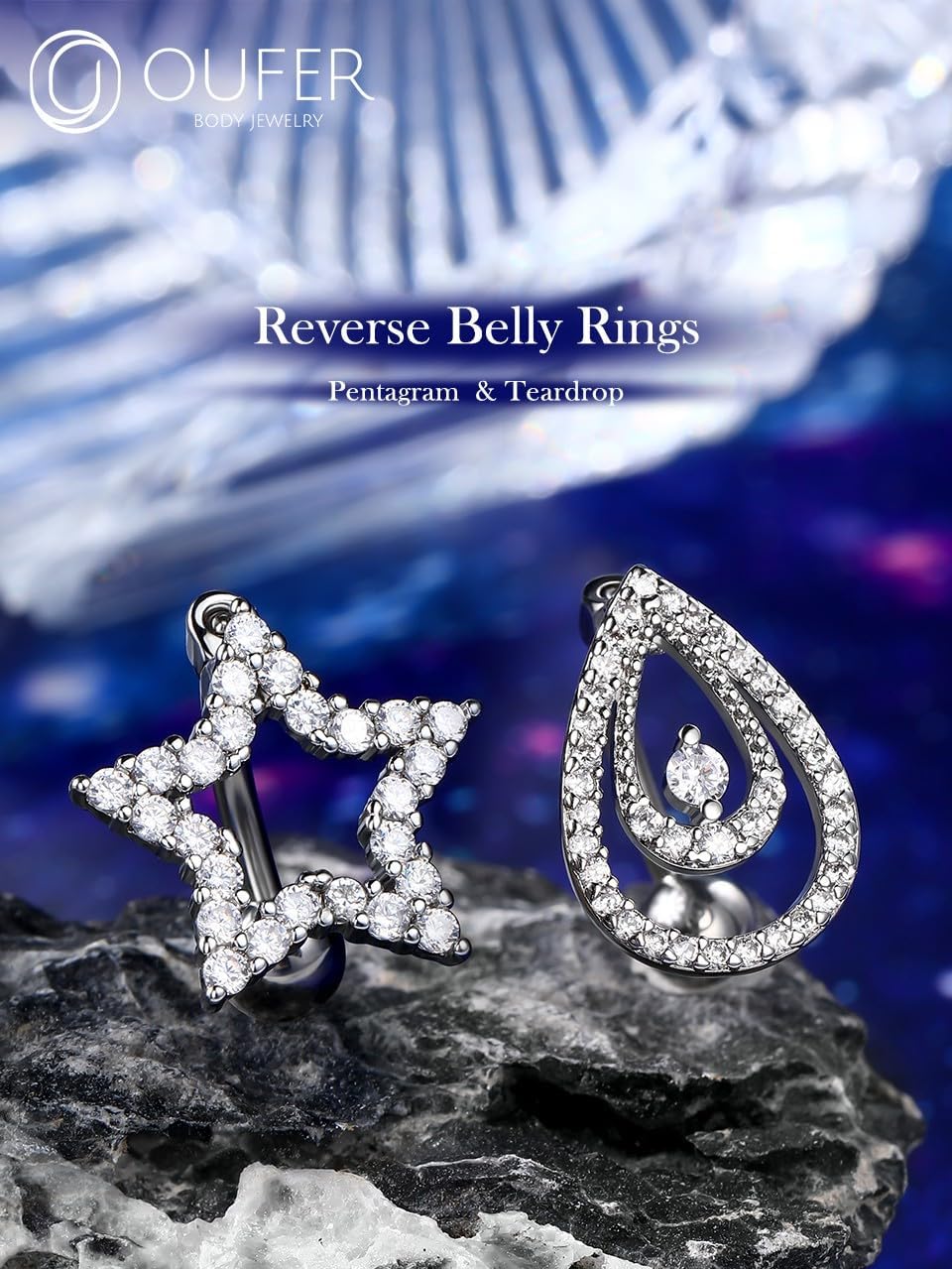 OUFER Belly Button Rings, 14G Star/Drop Shape Belly Rings, Pave CZ Crystal Top Down Belly Piercing Jewelry, 316L Surgical Steel Navel Piercing Jewelry For Women Men - 我的商店我的商店我的商店
