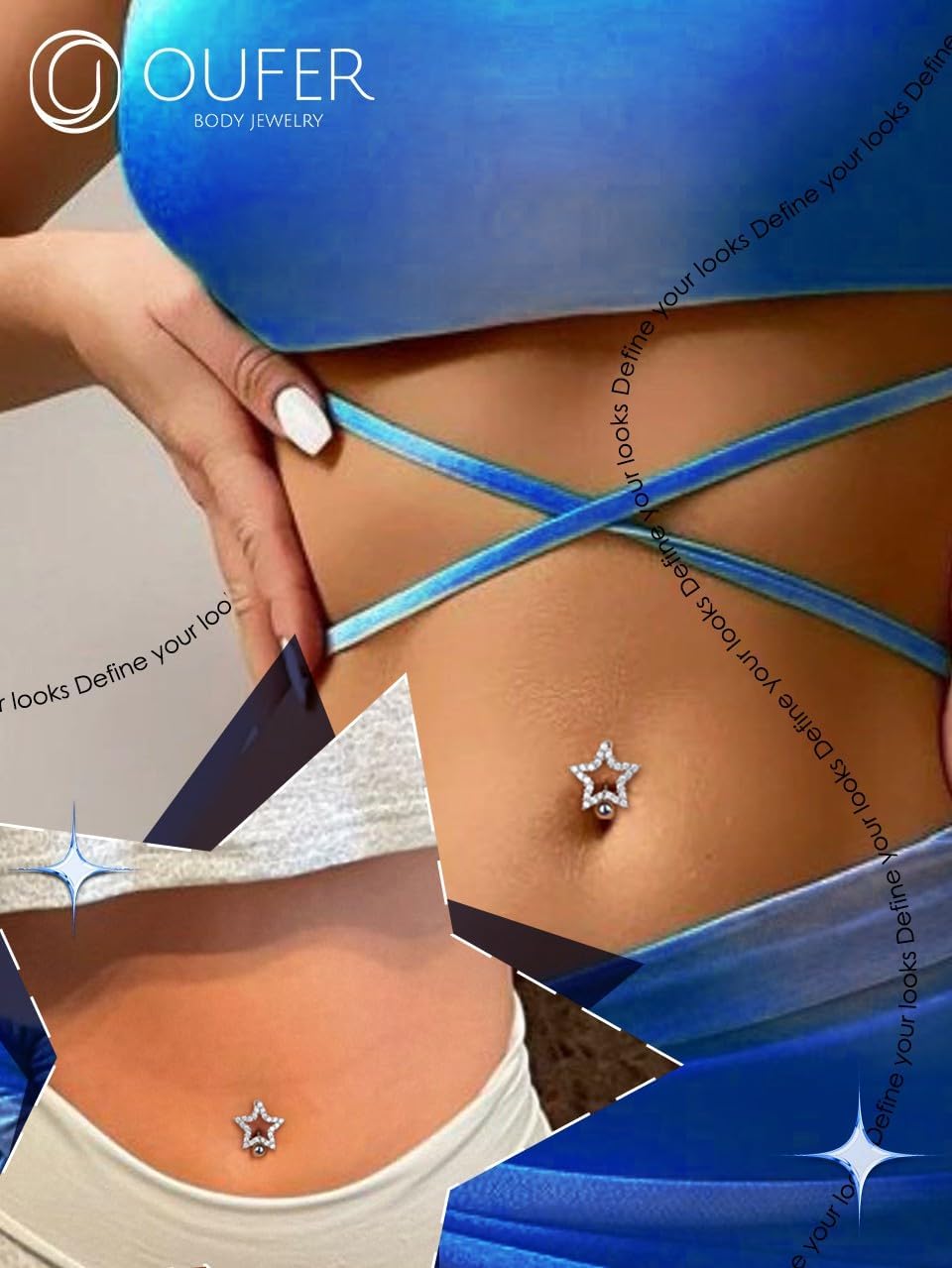 OUFER Belly Button Rings, 14G Star/Drop Shape Belly Rings, Pave CZ Crystal Top Down Belly Piercing Jewelry, 316L Surgical Steel Navel Piercing Jewelry For Women Men - 我的商店我的商店我的商店