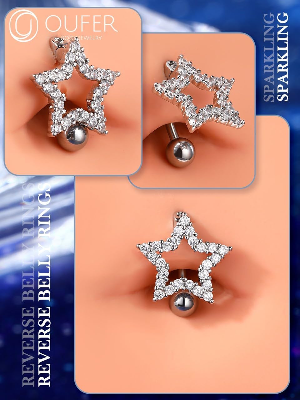 OUFER Belly Button Rings, 14G Star/Drop Shape Belly Rings, Pave CZ Crystal Top Down Belly Piercing Jewelry, 316L Surgical Steel Navel Piercing Jewelry For Women Men - 我的商店我的商店我的商店