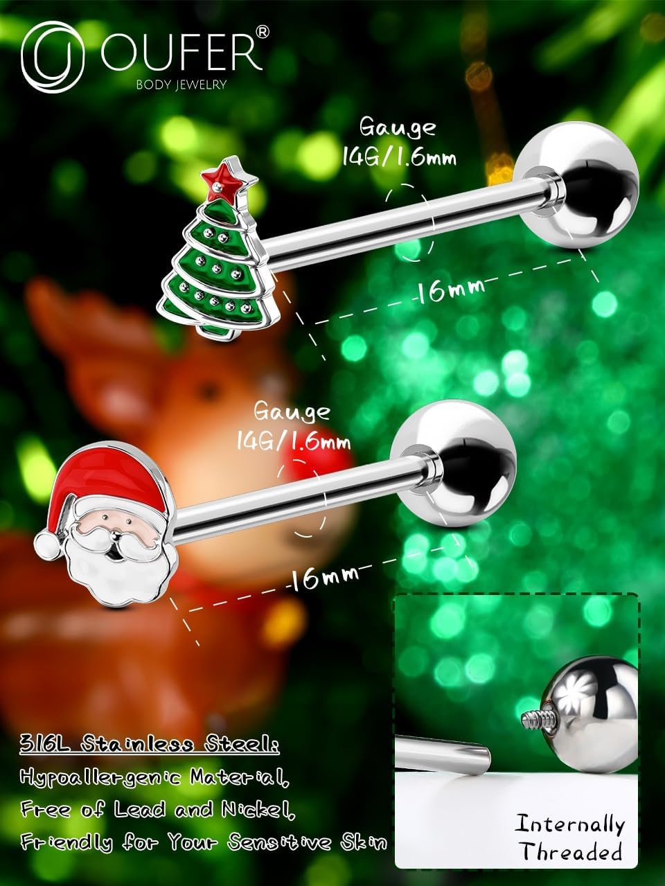 OUFER Christmas Tongue Rings, 316L Surgical Steel Tongue Piercing Jewelry, Tongue Jewelry, Cute Tongue Barbells, Tongue Rings for Women Men - QIAO CrystalQIAO CrystalQIAO Crystal