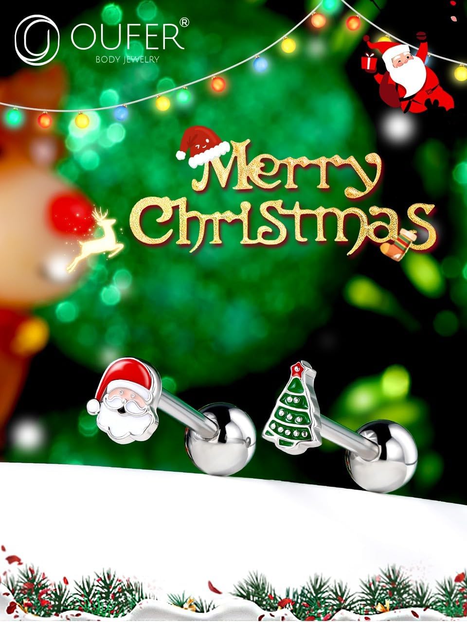 OUFER Christmas Tongue Rings, 316L Surgical Steel Tongue Piercing Jewelry, Tongue Jewelry, Cute Tongue Barbells, Tongue Rings for Women Men - QIAO CrystalQIAO CrystalQIAO Crystal