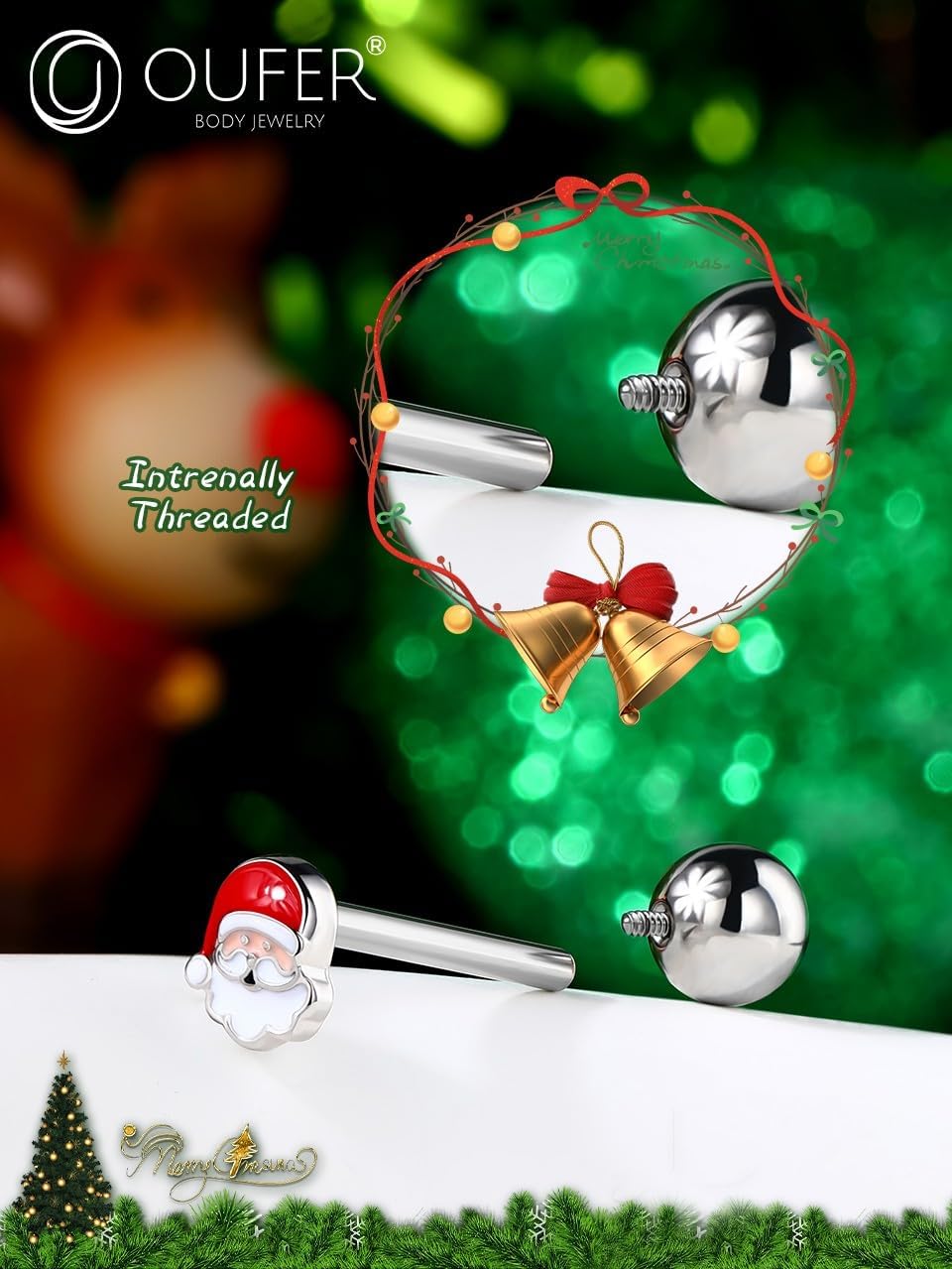 OUFER Christmas Tongue Rings, 316L Surgical Steel Tongue Piercing Jewelry, Tongue Jewelry, Cute Tongue Barbells, Tongue Rings for Women Men - QIAO CrystalQIAO CrystalQIAO Crystal