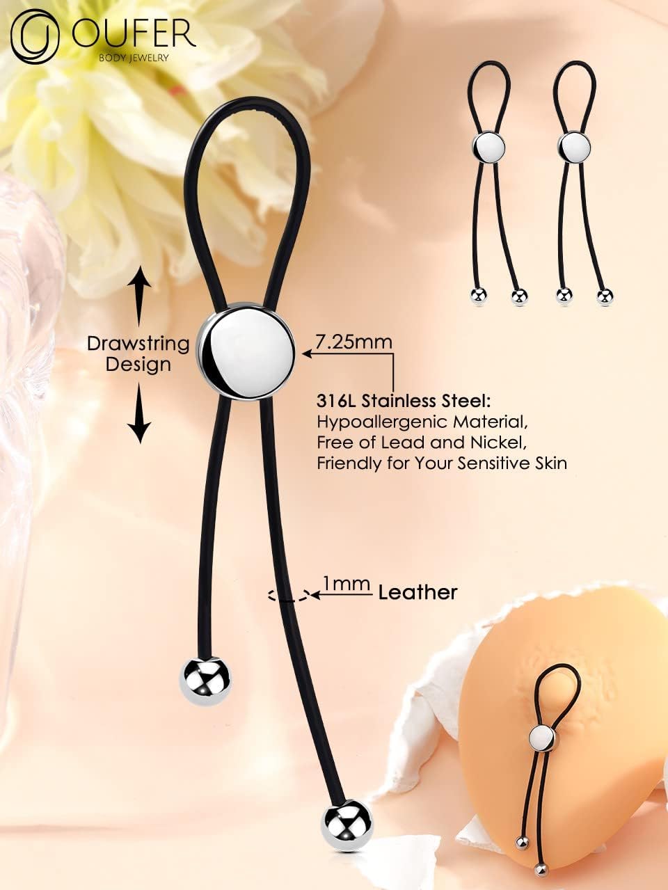 OUFER Faux Nipple Rings, Adjustable Fake Nipple Piercing Jewelry, Leather Material Drawstring Design Non - Pierced Jewelry - QIAO CrystalQIAO CrystalQIAO Crystal