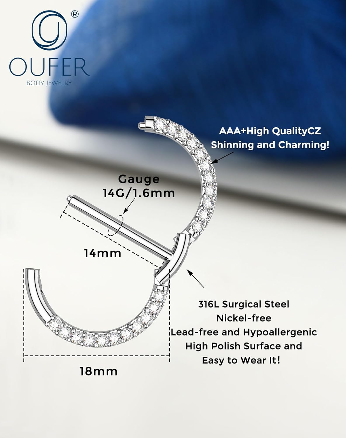 OUFER Nipple Piercing Jewelry 14G Shiny Clear CZ Round Nipple Rings, 2PCS 316L Surgical Steel Nipple Barbell Hoops, 14MM Nipple Piercing Kit For Women - QIAO CrystalQIAO CrystalQIAO Crystal