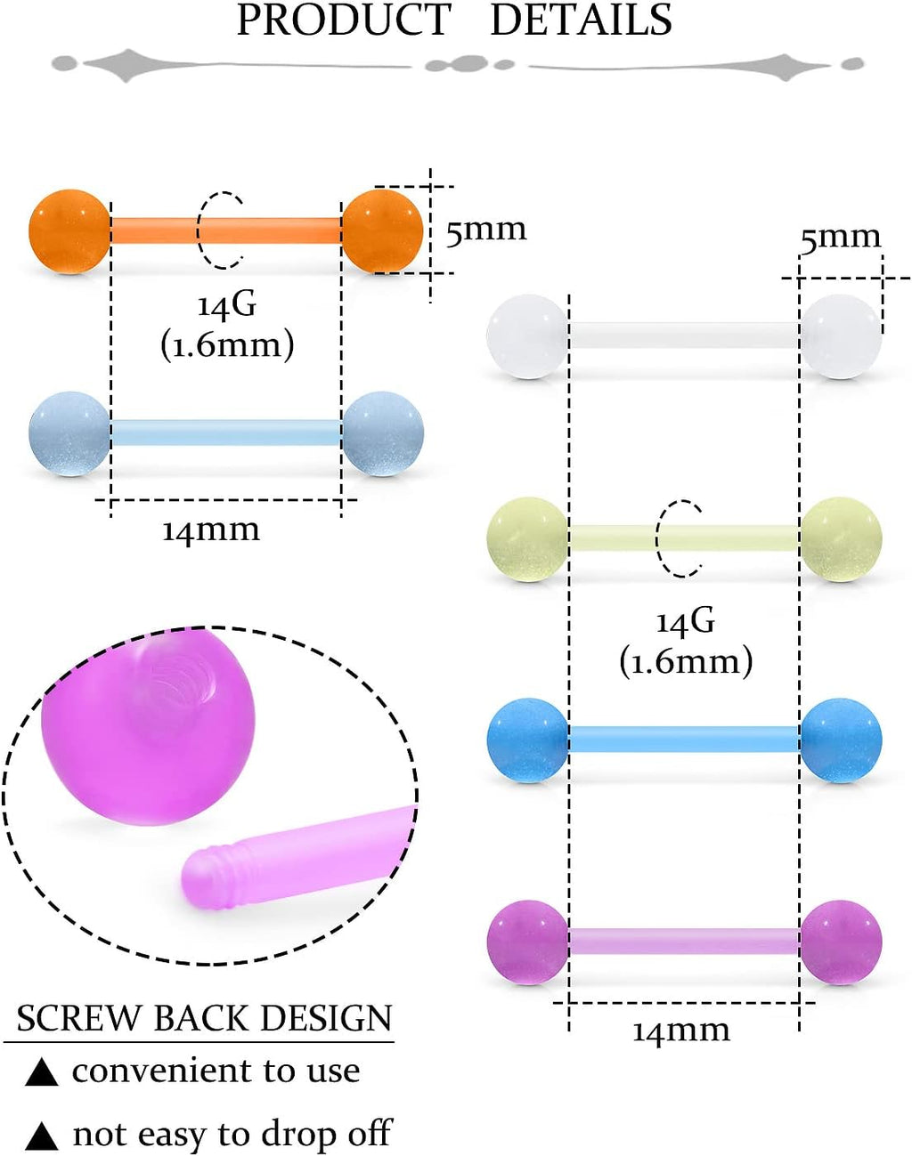 Oufksiyy 14G 16mm 14mm Glow in Dark Flexible Acrylic Straight Tongue Rings Plastic Nipple Ring Retainer Body Piercing Jewelry for Women Men 24PCS(12Pairs 14 Gauge Piercings - QIAO CrystalQIAO CrystalQIAO Crystal