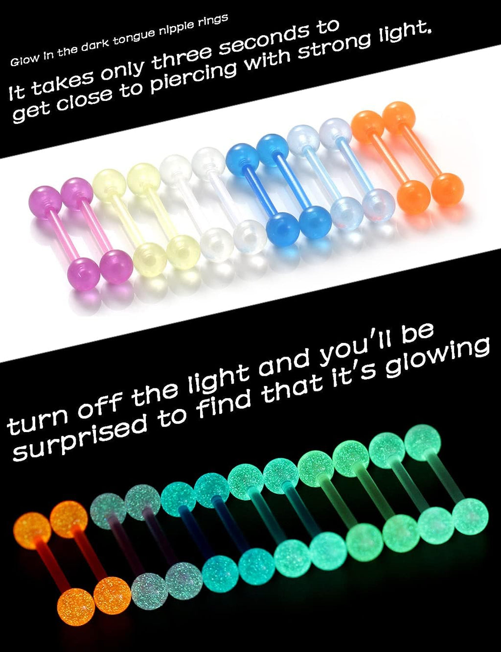 Oufksiyy 14G 16mm 14mm Glow in Dark Flexible Acrylic Straight Tongue Rings Plastic Nipple Ring Retainer Body Piercing Jewelry for Women Men 24PCS(12Pairs 14 Gauge Piercings - QIAO CrystalQIAO CrystalQIAO Crystal