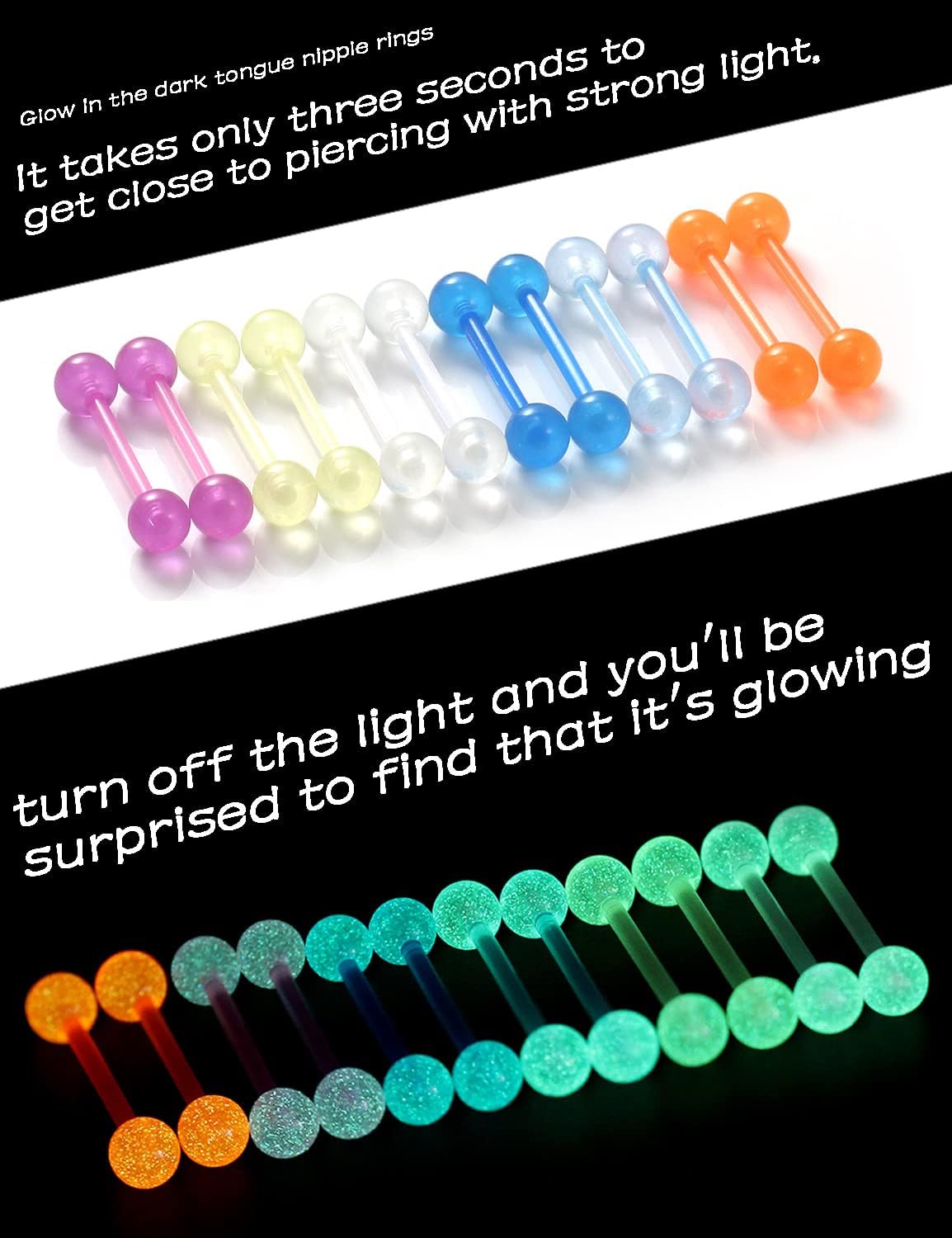 Oufksiyy 14G 16mm 14mm Glow in Dark Flexible Acrylic Straight Tongue Rings Plastic Nipple Ring Retainer Body Piercing Jewelry for Women Men 24PCS(12Pairs 14 Gauge Piercings - QIAO CrystalQIAO CrystalQIAO Crystal
