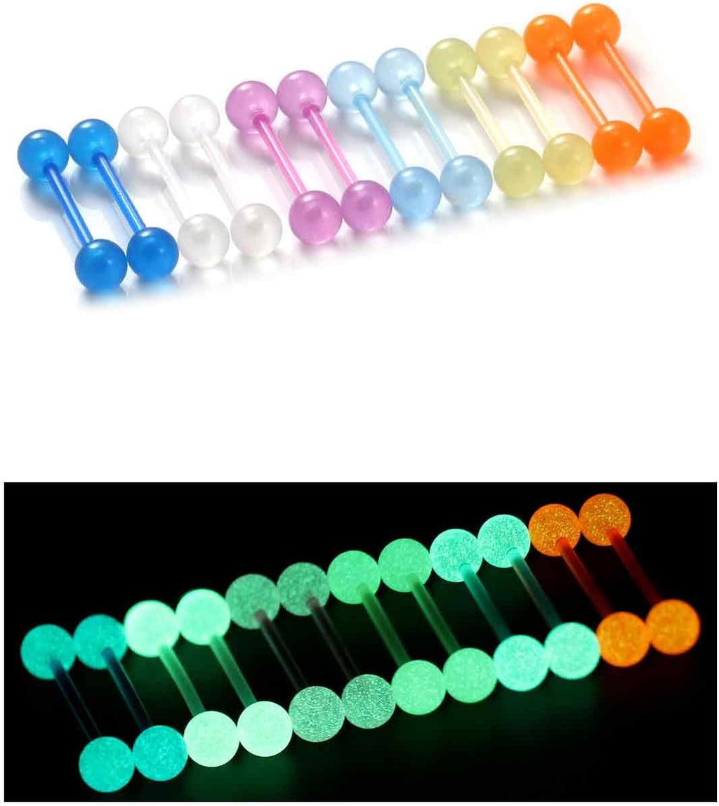 Oufksiyy 14G 16mm 14mm Glow in Dark Flexible Acrylic Straight Tongue Rings Plastic Nipple Ring Retainer Body Piercing Jewelry for Women Men 24PCS(12Pairs 14 Gauge Piercings - QIAO CrystalQIAO CrystalQIAO Crystal