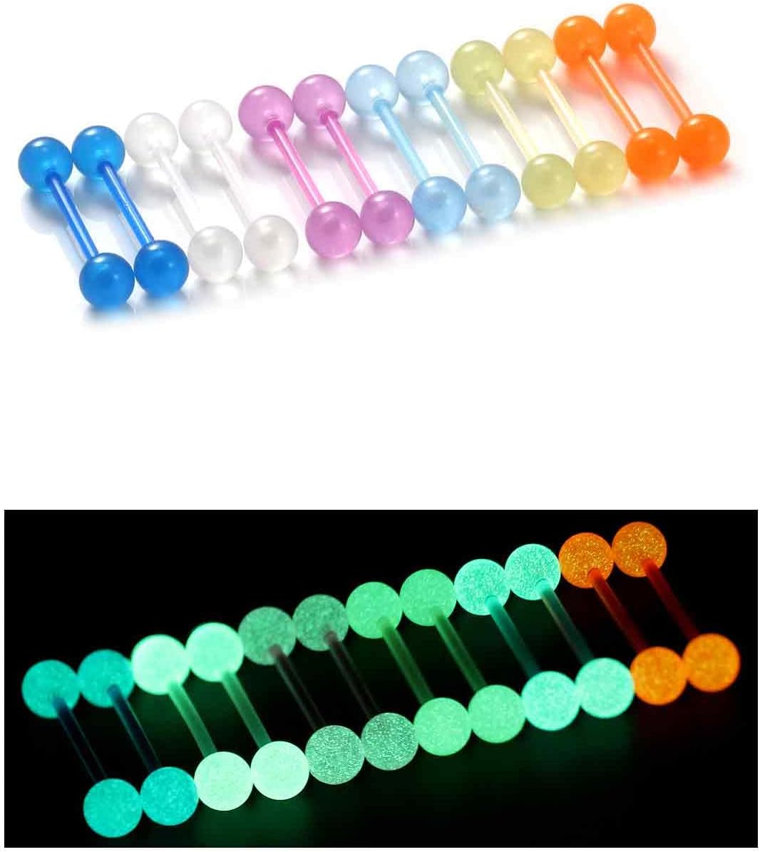 Oufksiyy 14G 16mm 14mm Glow in Dark Flexible Acrylic Straight Tongue Rings Plastic Nipple Ring Retainer Body Piercing Jewelry for Women Men 24PCS(12Pairs 14 Gauge Piercings - QIAO CrystalQIAO CrystalQIAO Crystal