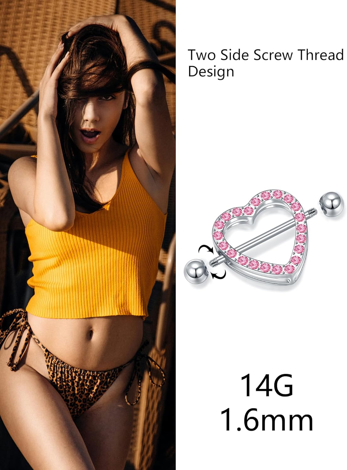 Oveta Heart Nipple Rings Surgical Steel 14G, Cute Internally Threaded Nipple Piercing Jewelry Barbells 14mm for Women, Silver/Gold, 2PCS - QIAO CrystalQIAO CrystalQIAO Crystal