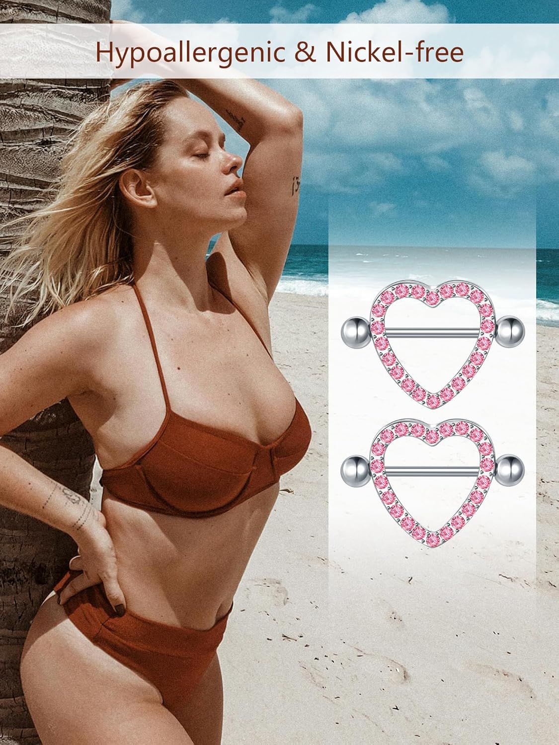 Oveta Heart Nipple Rings Surgical Steel 14G, Cute Internally Threaded Nipple Piercing Jewelry Barbells 14mm for Women, Silver/Gold, 2PCS - QIAO CrystalQIAO CrystalQIAO Crystal