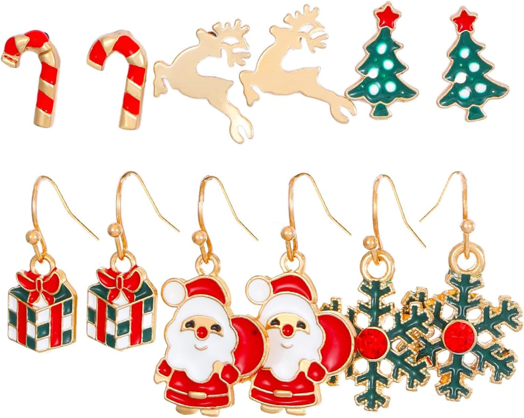 Pack of 6 Pairs Christmas Earrings Set for Women - Tree Hat, Elk Socks, Santa Claus Box, Dangle Earrings, Christmas Decoration Accessories - QIAO Crystal我的商店QIAO Crystal