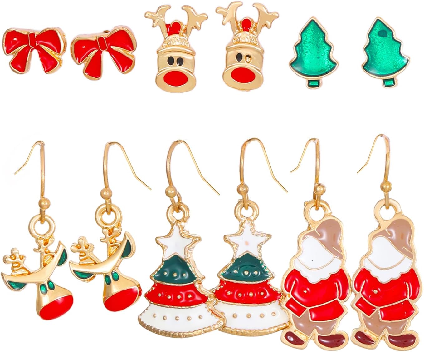 Pack of 6 Pairs Christmas Earrings Set for Women - Tree Hat, Elk Socks, Santa Claus Box, Dangle Earrings, Christmas Decoration Accessories - QIAO Crystal我的商店QIAO Crystal