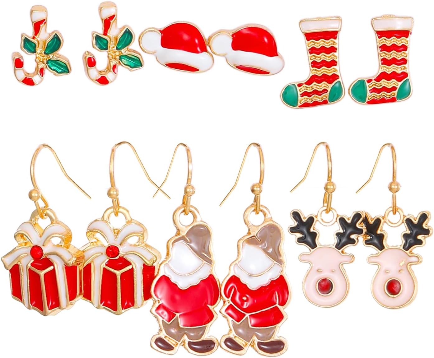 Pack of 6 Pairs Christmas Earrings Set for Women - Tree Hat, Elk Socks, Santa Claus Box, Dangle Earrings, Christmas Decoration Accessories - QIAO Crystal我的商店QIAO Crystal
