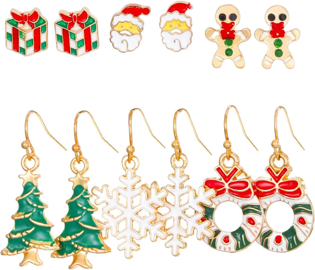 Pack of 6 Pairs Christmas Earrings Set for Women - Tree Hat, Elk Socks, Santa Claus Box, Dangle Earrings, Christmas Decoration Accessories - QIAO Crystal我的商店QIAO Crystal