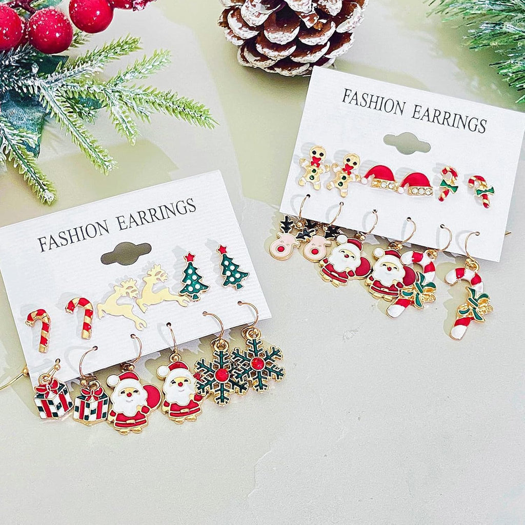 Pack of 6 Pairs Christmas Earrings Set for Women - Tree Hat, Elk Socks, Santa Claus Box, Dangle Earrings, Christmas Decoration Accessories - QIAO Crystal我的商店QIAO Crystal