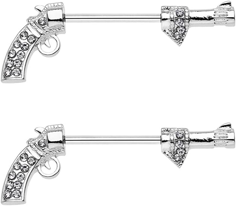 Pair of Pistol Revolver Nipple Barbell Rings 14 Gauge 9/16 Inch Barbell Body Piercing Jewelry F211 - QIAO CrystalQIAO CrystalQIAO Crystal