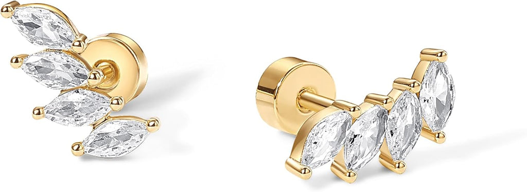 PAVOI 14K Gold Plated 925 Sterling Silver Post Navette CZ Crawler Flat Back Earrings for Women | Small Cartilage Cubic Zirconia Stud Earring | Helix Piercing Jewelry - QIAO CrystalQIAO CrystalQIAO Crystal