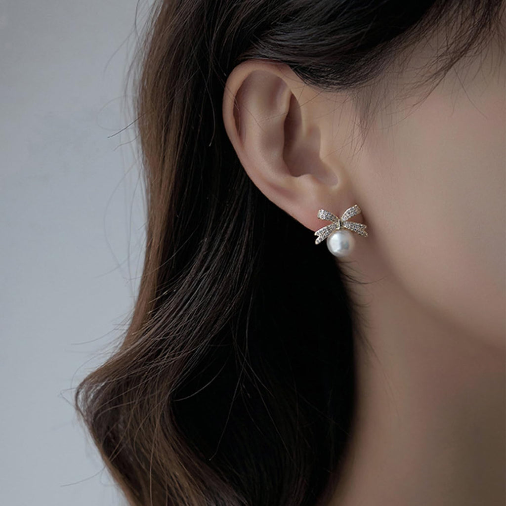 Pearl Rhinestone Bow Earrings - Red Ball Christmas Jewelry for Women - 我的商店我的商店我的商店