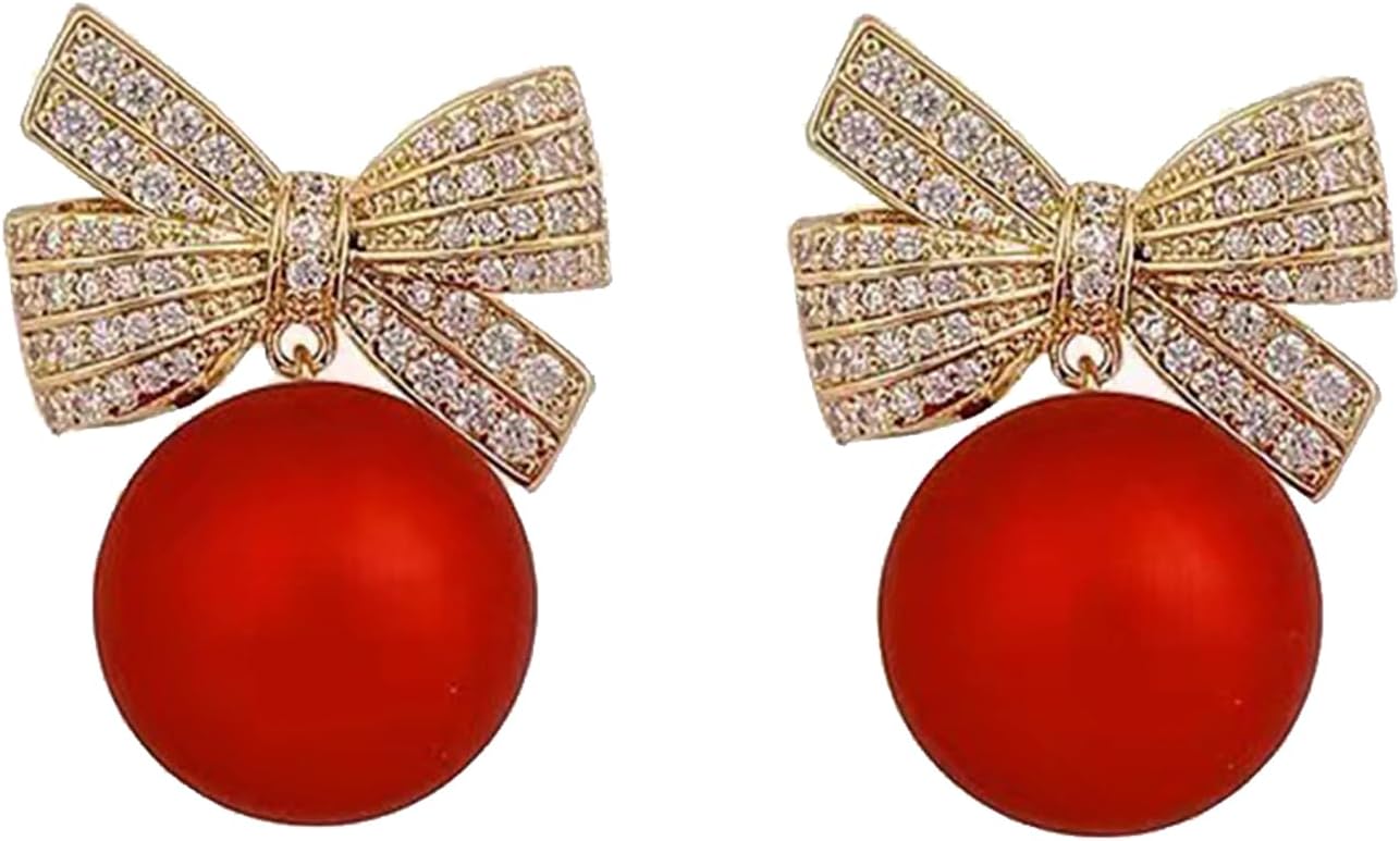 Pearl Rhinestone Bow Earrings - Red Ball Christmas Jewelry for Women - 我的商店我的商店我的商店