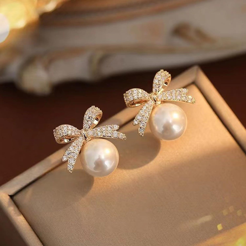 Pearl Rhinestone Bow Earrings - Red Ball Christmas Jewelry for Women - 我的商店我的商店我的商店
