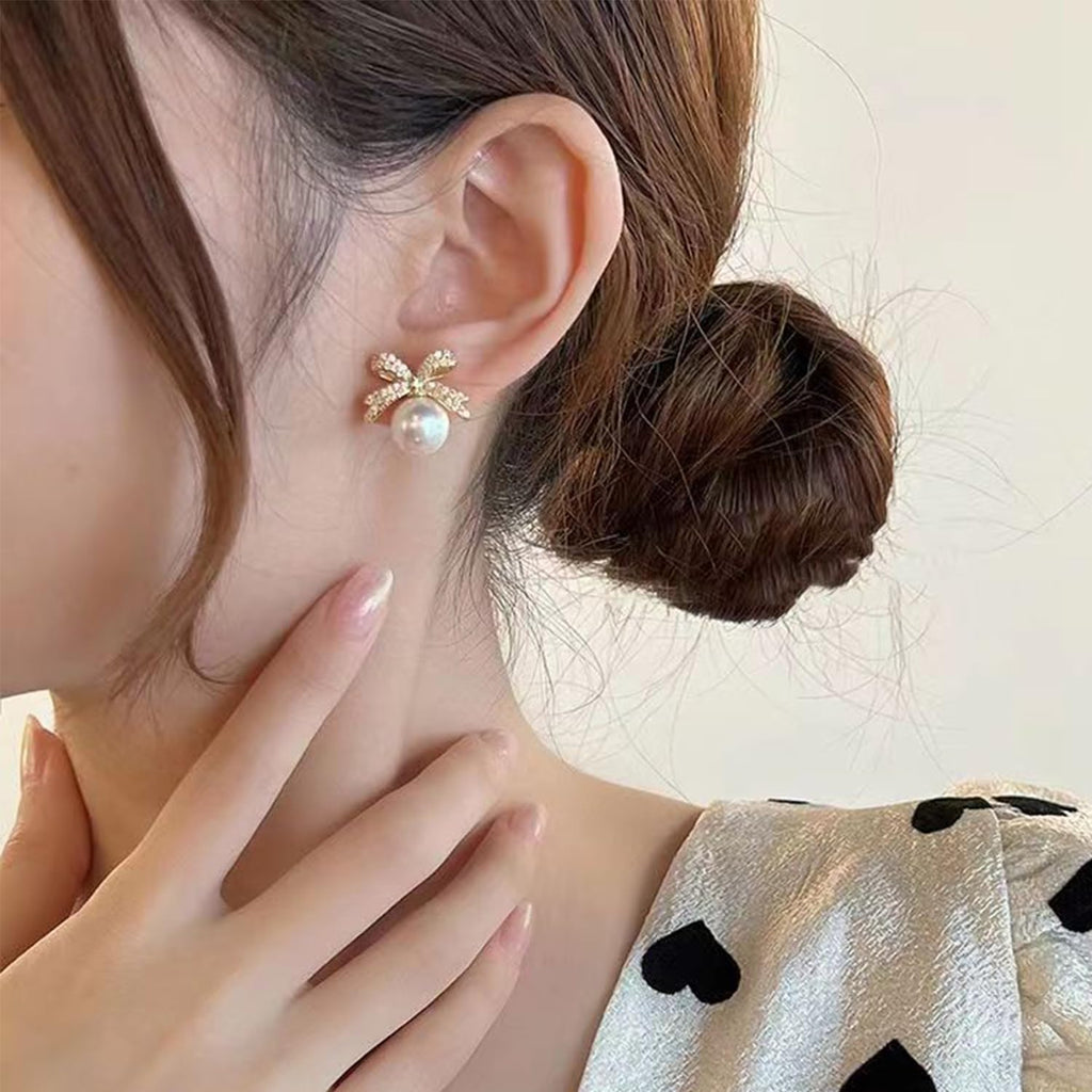 Pearl Rhinestone Bow Earrings - Red Ball Christmas Jewelry for Women - 我的商店我的商店我的商店