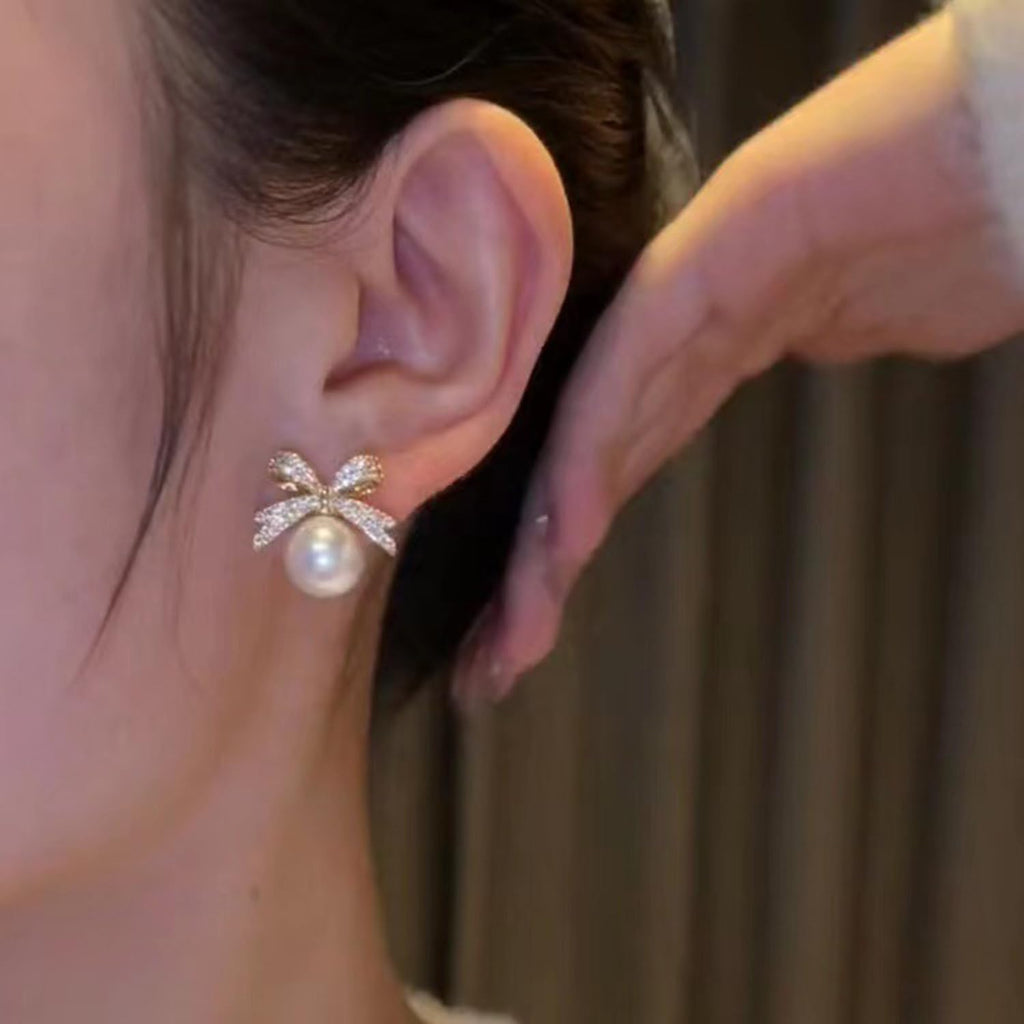 Pearl Rhinestone Bow Earrings - Red Ball Christmas Jewelry for Women - 我的商店我的商店我的商店