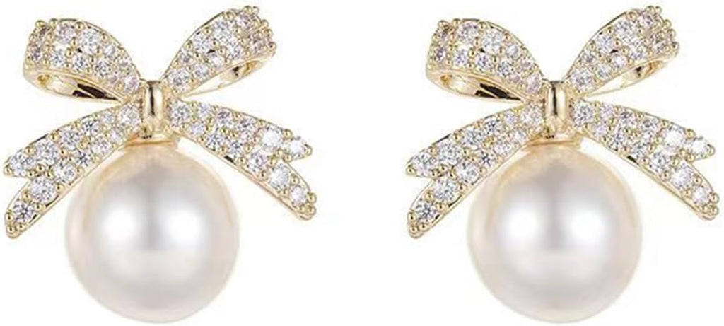 Pearl Rhinestone Bow Earrings - Red Ball Christmas Jewelry for Women - 我的商店我的商店我的商店