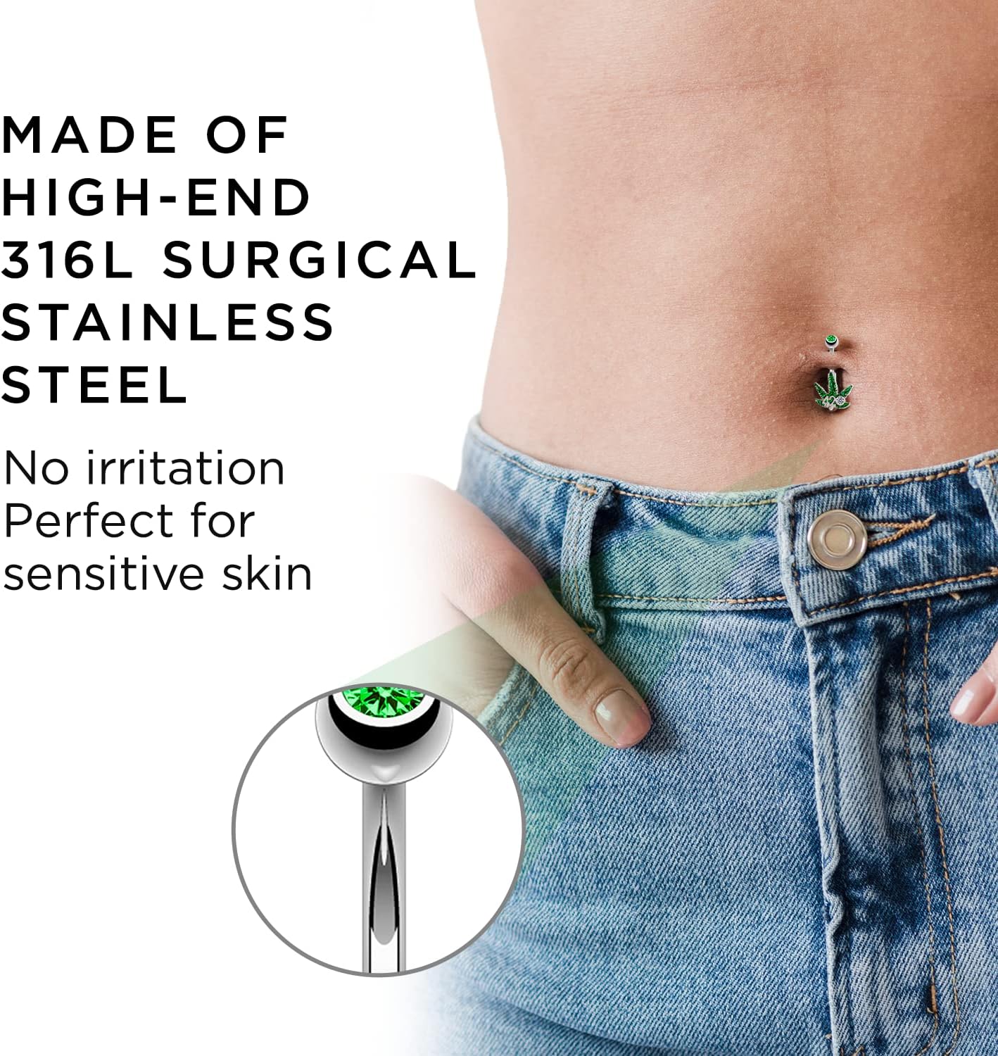 Pierce2GO 14G Belly Button Rings Surgical Steel Weed Marijuana 4/20 Belly Button Ring with CZ Stone - Belly Piercing for Women – 7/16” - 我的商店我的商店我的商店