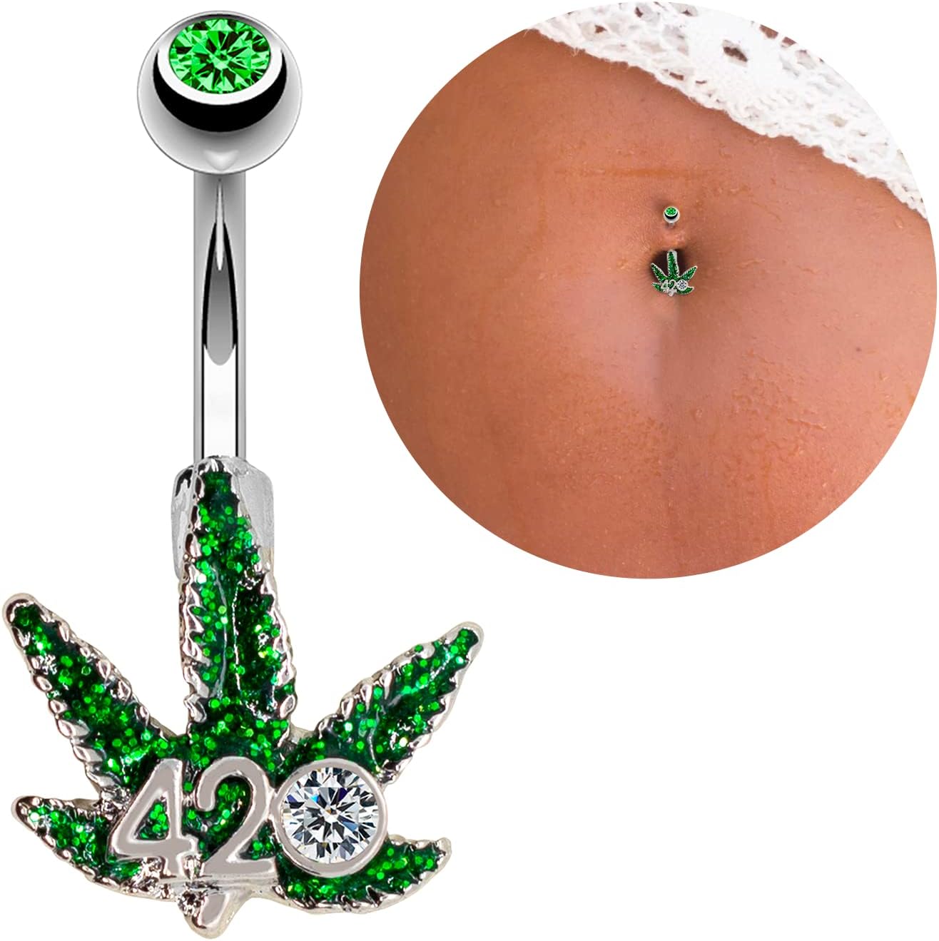 Pierce2GO 14G Belly Button Rings Surgical Steel Weed Marijuana 4/20 Belly Button Ring with CZ Stone - Belly Piercing for Women – 7/16” - 我的商店我的商店我的商店