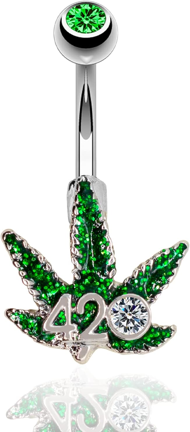 Pierce2GO 14G Belly Button Rings Surgical Steel Weed Marijuana 4/20 Belly Button Ring with CZ Stone - Belly Piercing for Women – 7/16” - 我的商店我的商店我的商店