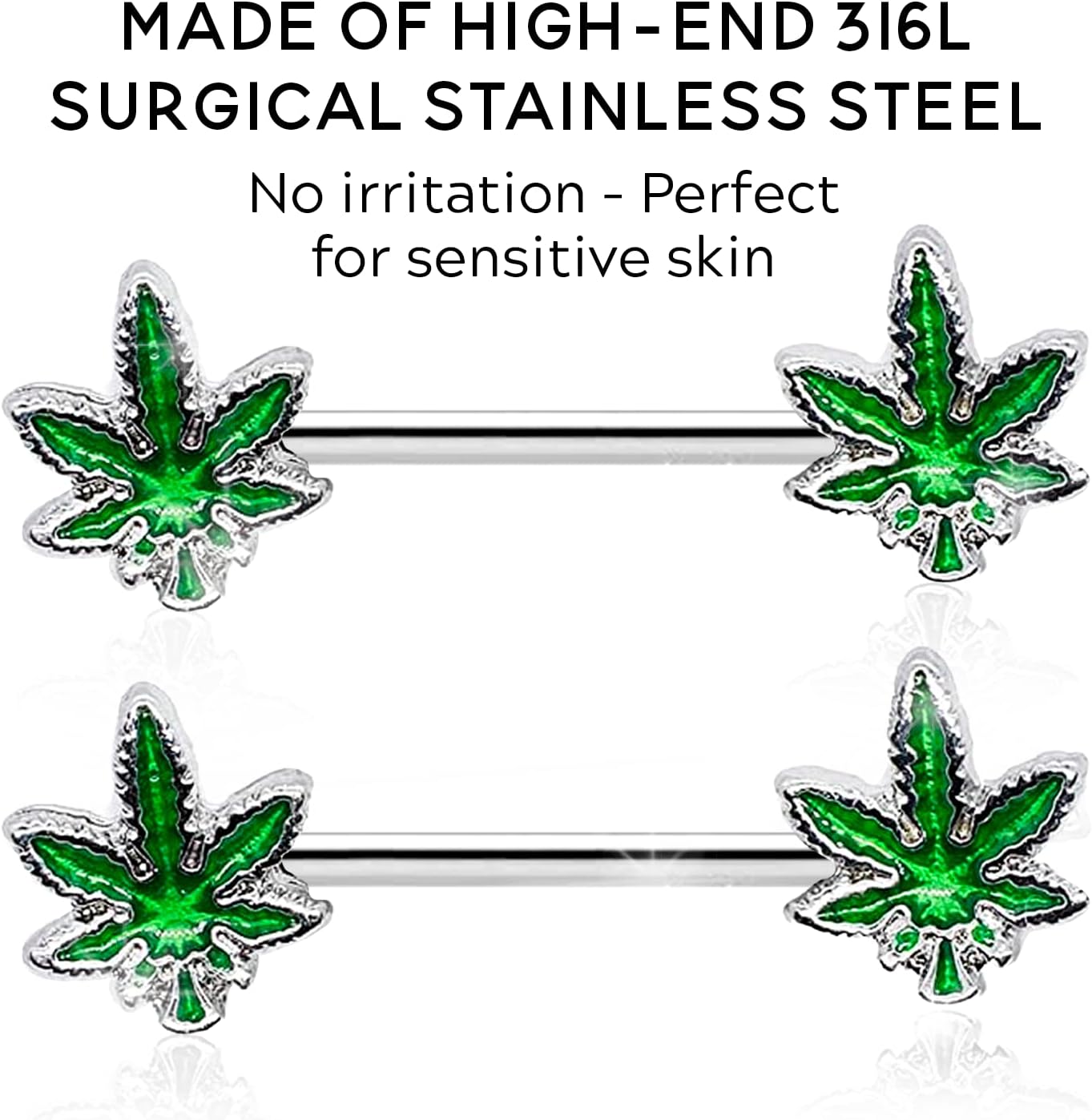 Pierce2GO 14G Nipple Piercing Surgical Stainless - Steel Set of 2 Barbell Marijuana Weed Cute Nipple Rings Nipple Piercing Jewelry for Women - 9/16" Barbell - QIAO CrystalQIAO CrystalQIAO Crystal