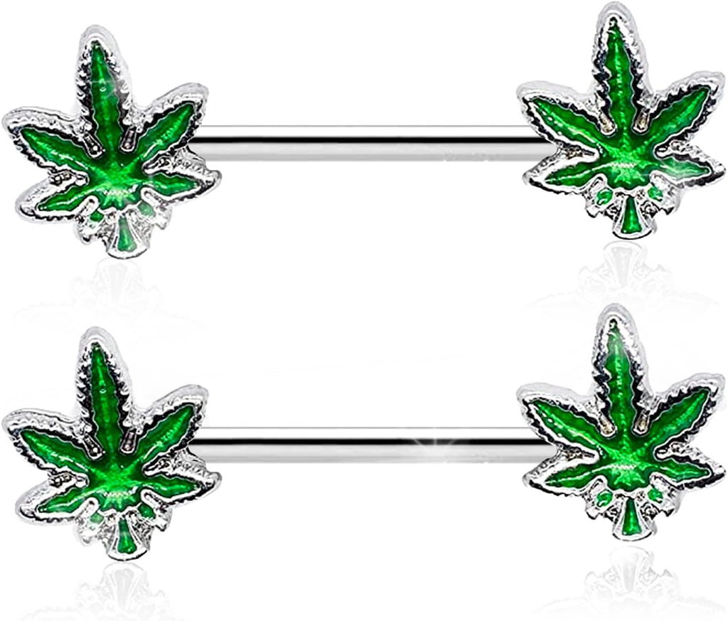 Pierce2GO 14G Nipple Piercing Surgical Stainless - Steel Set of 2 Barbell Marijuana Weed Cute Nipple Rings Nipple Piercing Jewelry for Women - 9/16" Barbell - QIAO CrystalQIAO CrystalQIAO Crystal