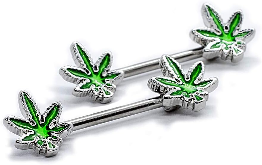 Pierce2GO 14G Nipple Piercing Surgical Stainless - Steel Set of 2 Barbell Marijuana Weed Cute Nipple Rings Nipple Piercing Jewelry for Women - 9/16" Barbell - QIAO CrystalQIAO CrystalQIAO Crystal
