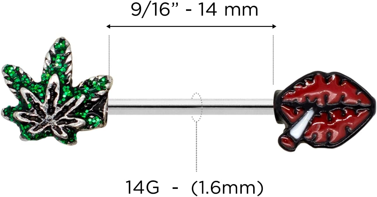 Pierce2GO 14G Nipple Piercing Surgical Stainless - Steel Set of 2 Barbell Marijuana Weed Leaf and Lips Smoking Cute Nipple Rings Nipple Piercing Jewelry for Women - 9/16" Barbell (Green) - QIAO CrystalQIAO CrystalQIAO Crystal