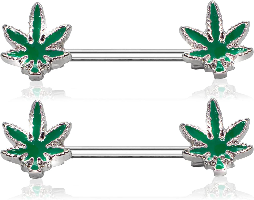 Pierce2GO 2 Pcs 14G Glow in the Dark Marijuana Weed Nipple Rings Piercing Women - QIAO CrystalQIAO CrystalQIAO Crystal