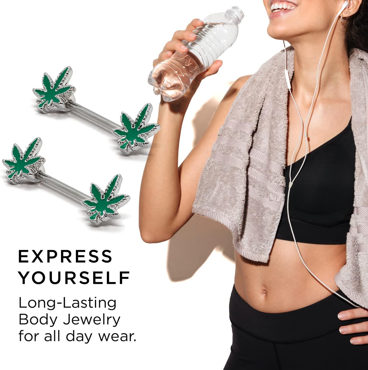 Pierce2GO 2 Pcs 14G Glow in the Dark Marijuana Weed Nipple Rings Piercing Women - QIAO CrystalQIAO CrystalQIAO Crystal