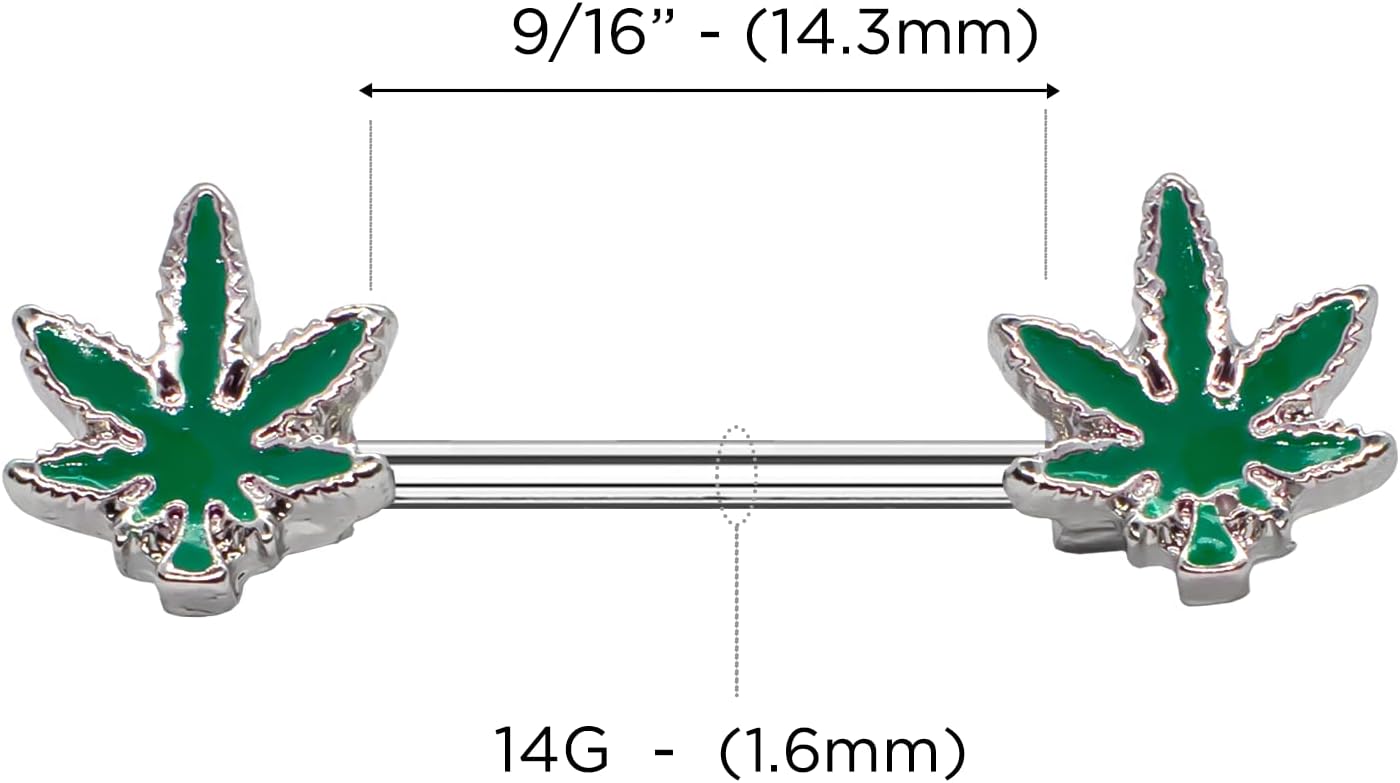 Pierce2GO 2 Pcs 14G Glow in the Dark Marijuana Weed Nipple Rings Piercing Women - QIAO CrystalQIAO CrystalQIAO Crystal